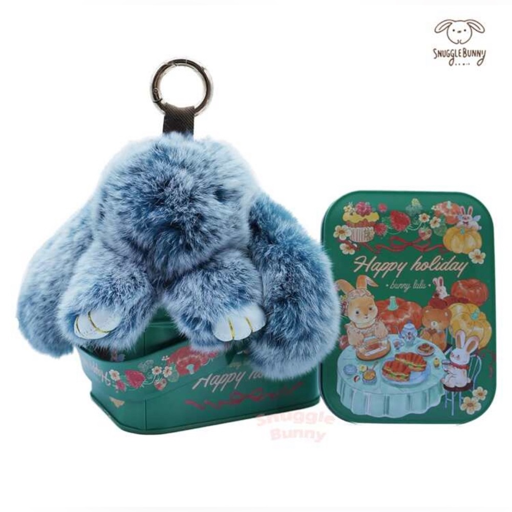 NIB Blue SnuggieBunny Keychain In Happy Holiday Tin. Perfect For Adult/Child